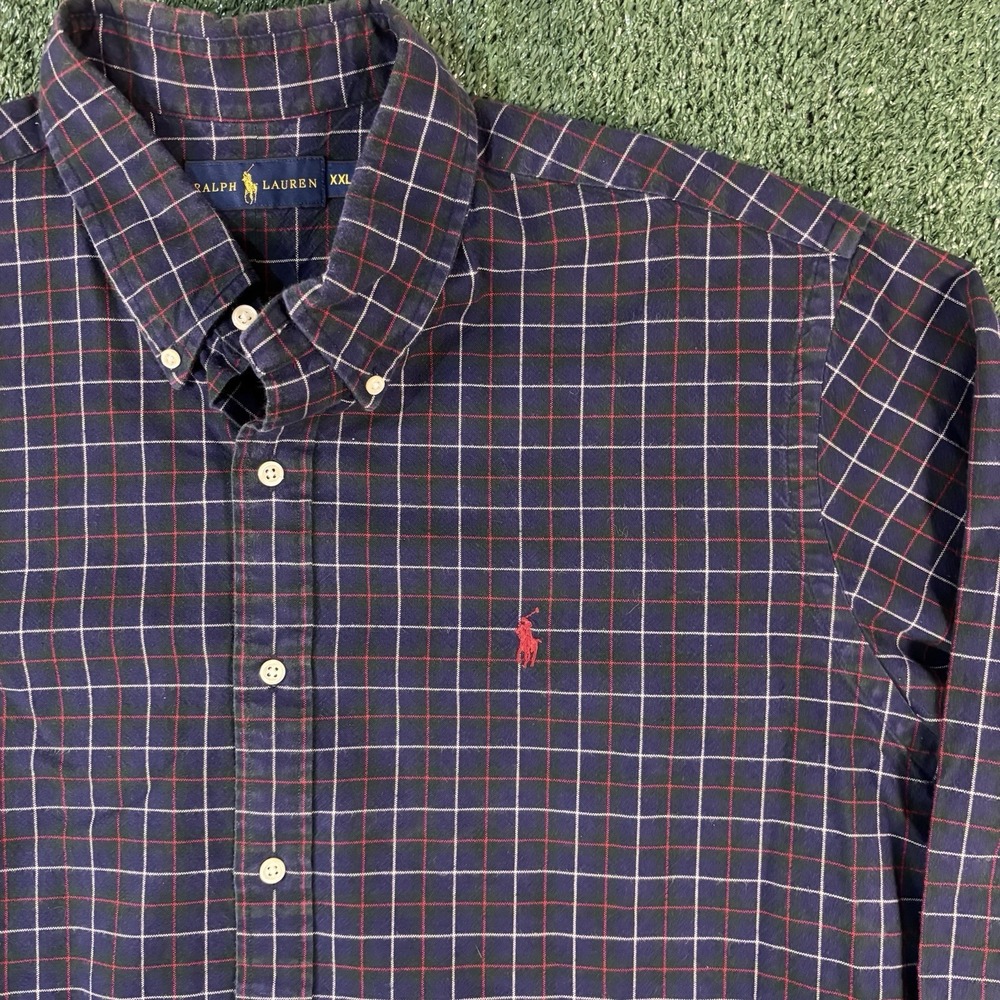 RALPH LAUREN Mens Button Down Shirt XXL Red Blue Plaid Long Sleeve 100% Cotton
